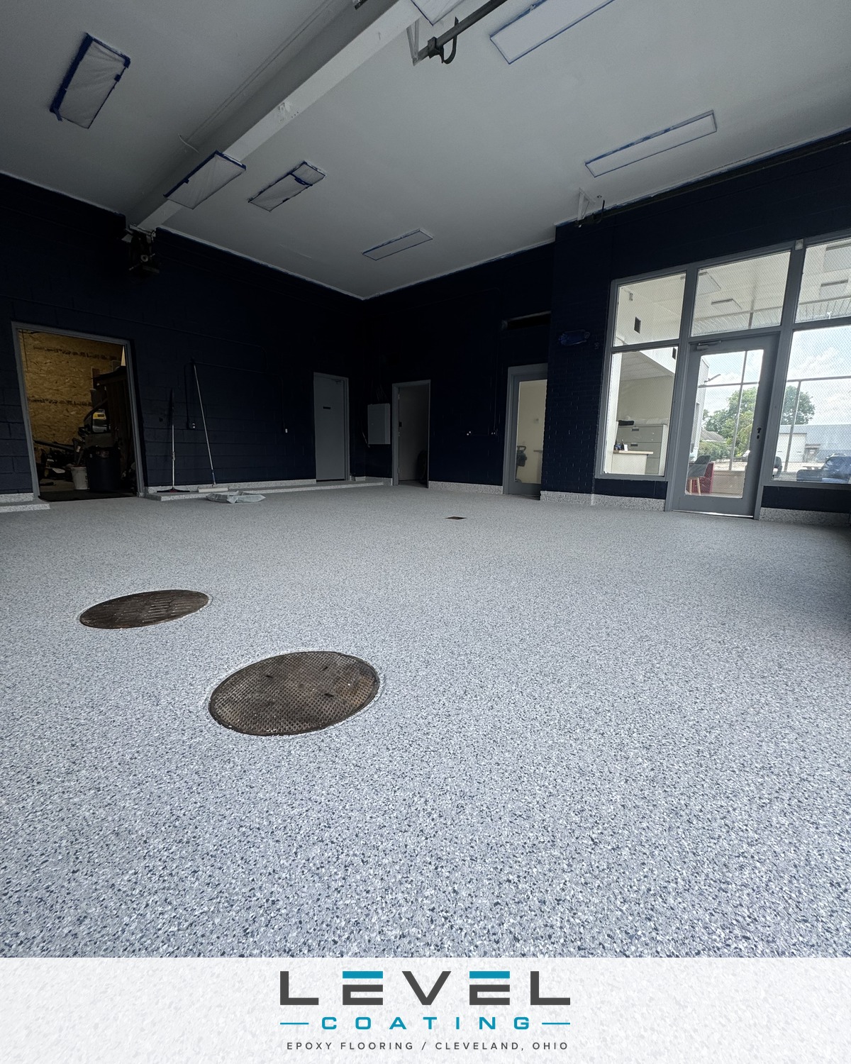 Commercial dealership service floor after a Level Coating flake install - Akron, OH