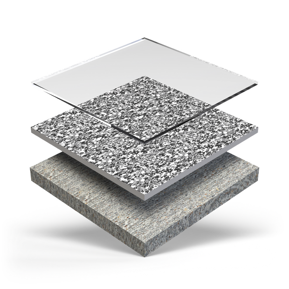 Three-layer epoxy and polyaspartic floor system: concrete base, chip broadcast, clear top coat